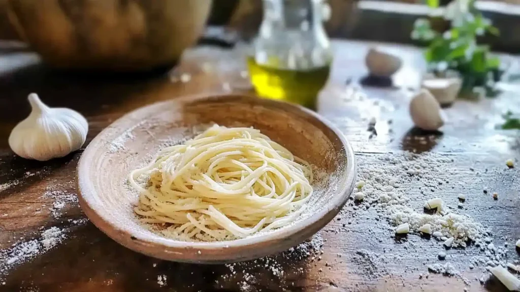 Uncooked spaghettini pasta with garlic and olive oil.