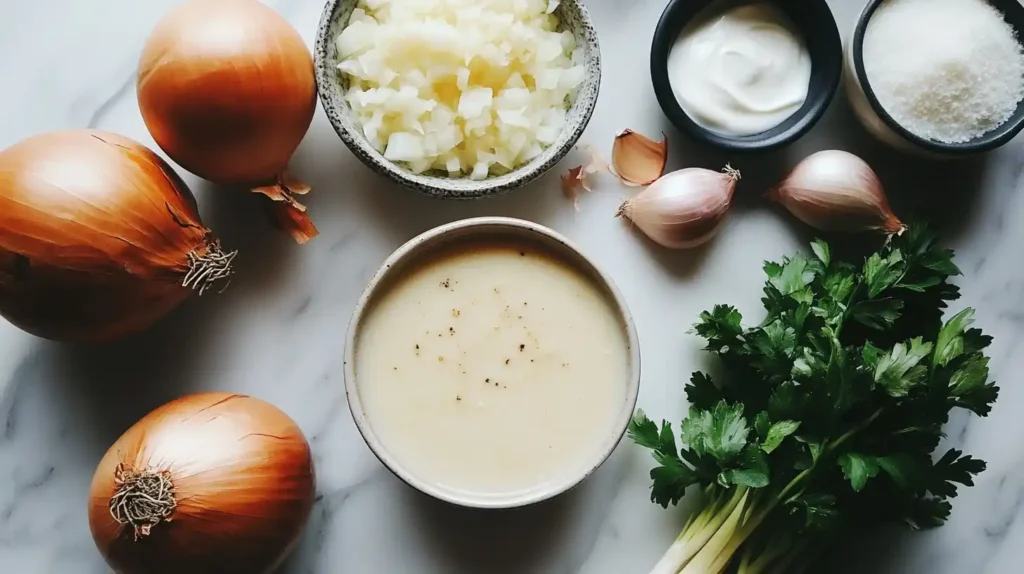 Cream soup ingredients on a kitchen counter: onions, garlic, cream, and fresh vegetables.