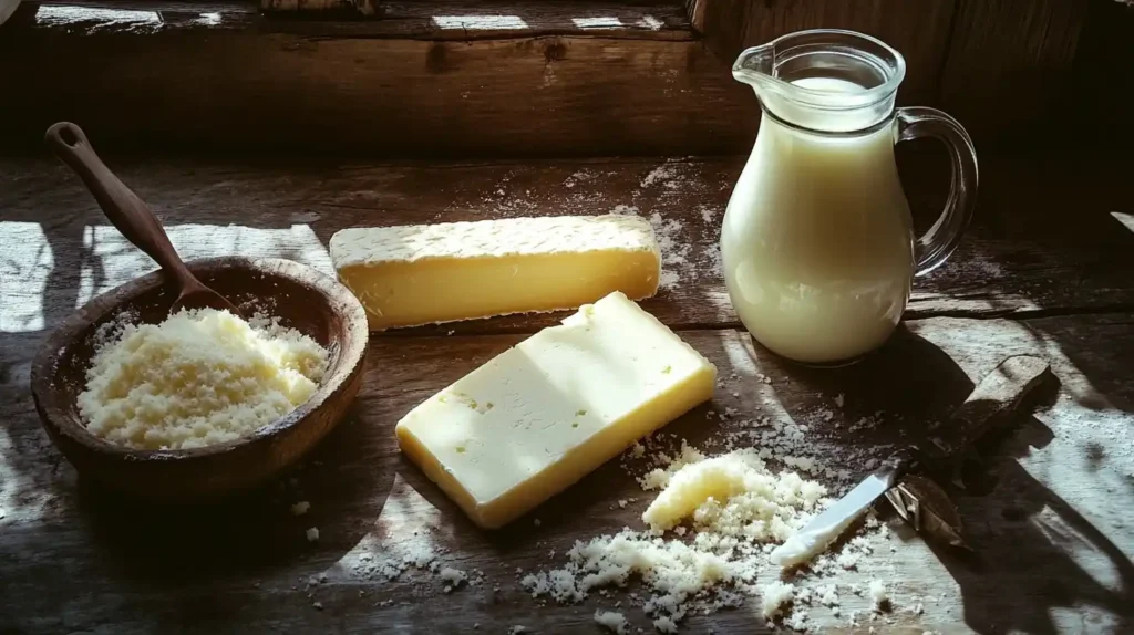 Parmesan cheese, butter, and cream on a wooden table.