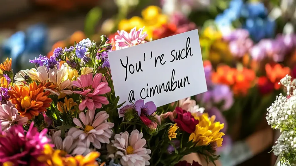 Handwritten card with “You’re such a cinnabun” surrounded by flowers.