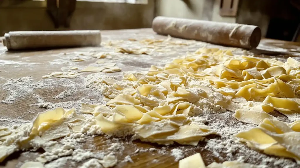 Fresh pasta dough being cut into ribbons for fettuccine and tagliatelle.