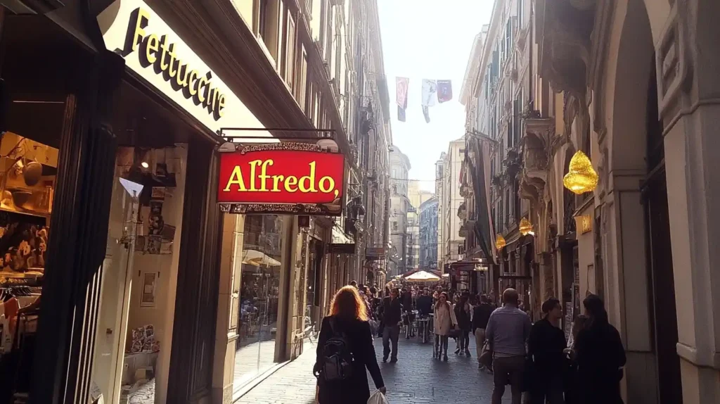 A bustling Italian street with a cafe sign promoting Fettuccine Alfredo for tourists.
