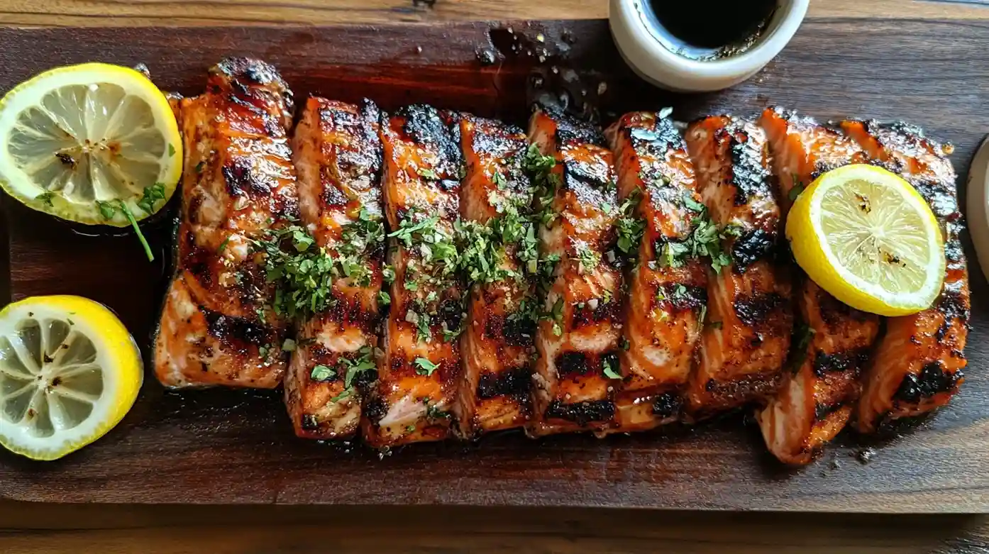 Close-up of rich, golden-brown grilled salmon belly pieces garnished with fresh lemon slices, perfect for any seafood lover.