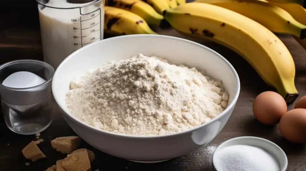 "Ingredients for protein pancakes: whey protein powder, oat flour, bananas, and eggs."