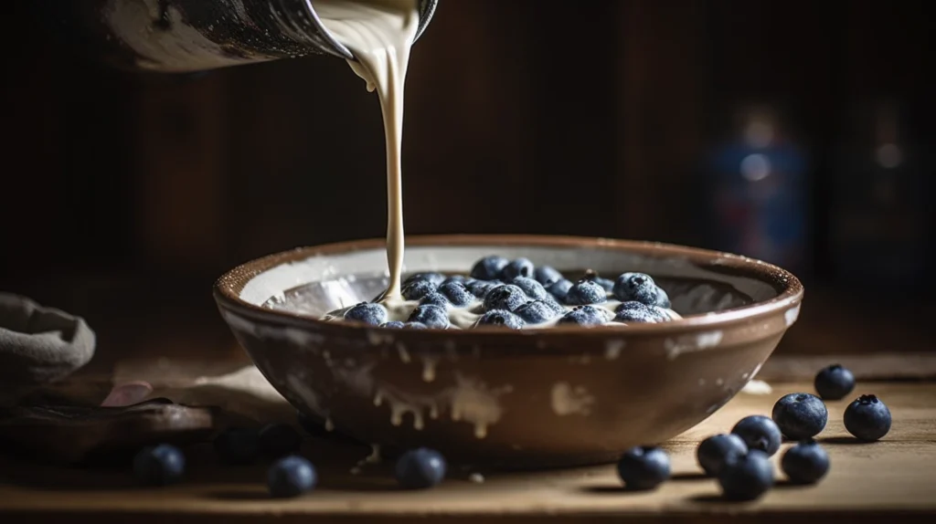 A rustic bowl filled with fresh blueberries, as creamy batter is poured over them.