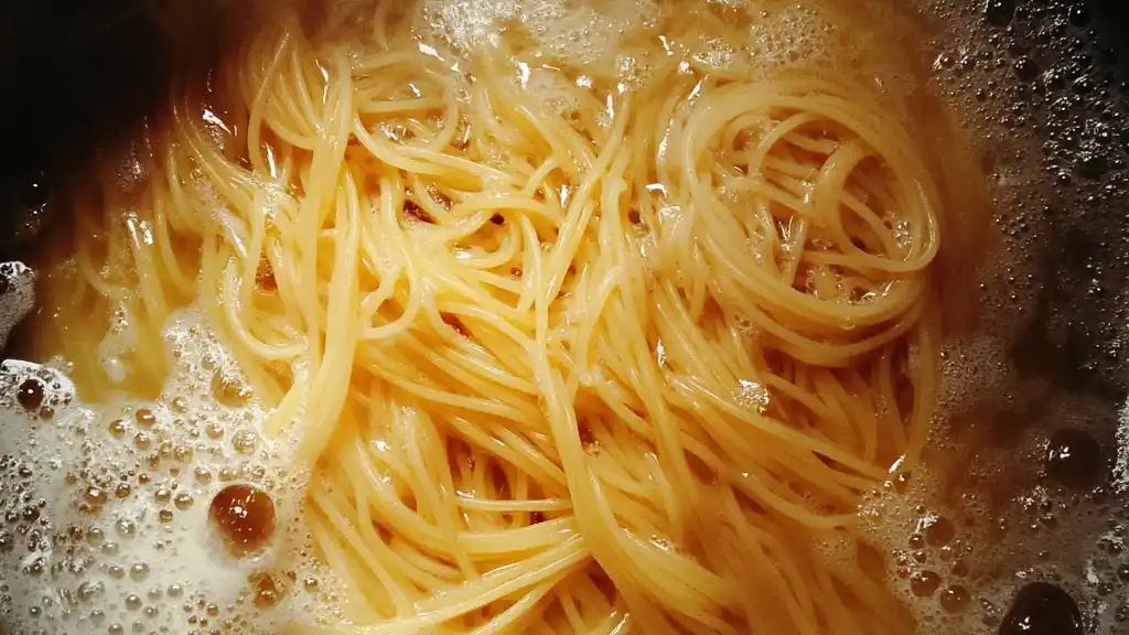 Spaghettini cooking in a pot of boiling water