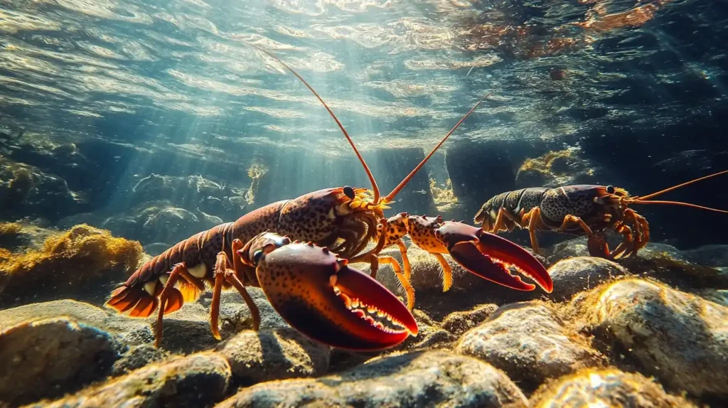Underwater scene of lobsters on rocks with sunlight filtering through the water.
