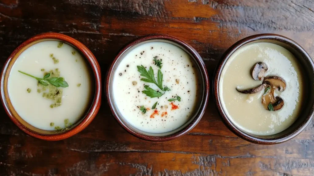 Three bowls of cream soup showcasing French, American, and Asian variations.