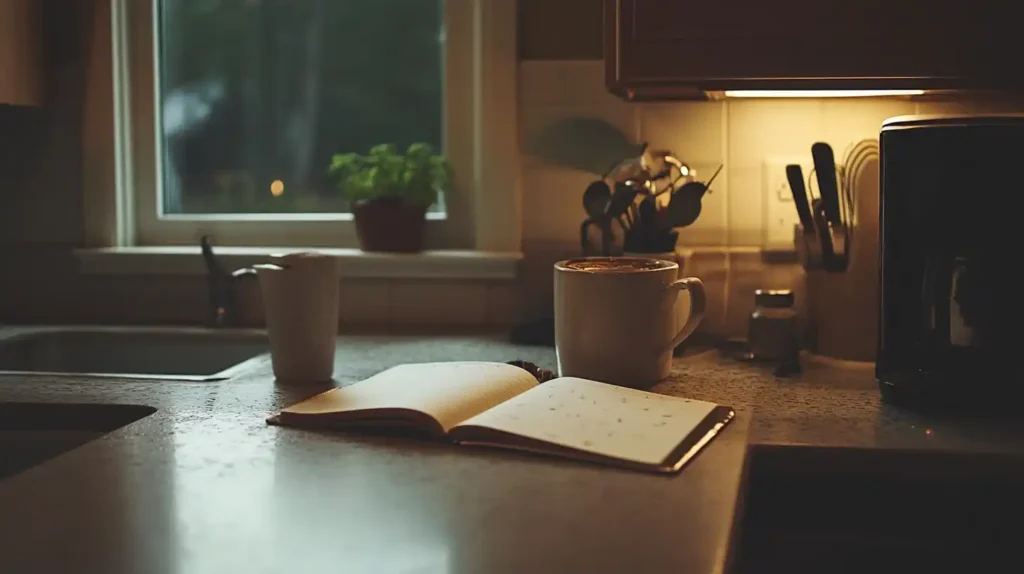 Coffee and notebook in a cozy kitchen setting.