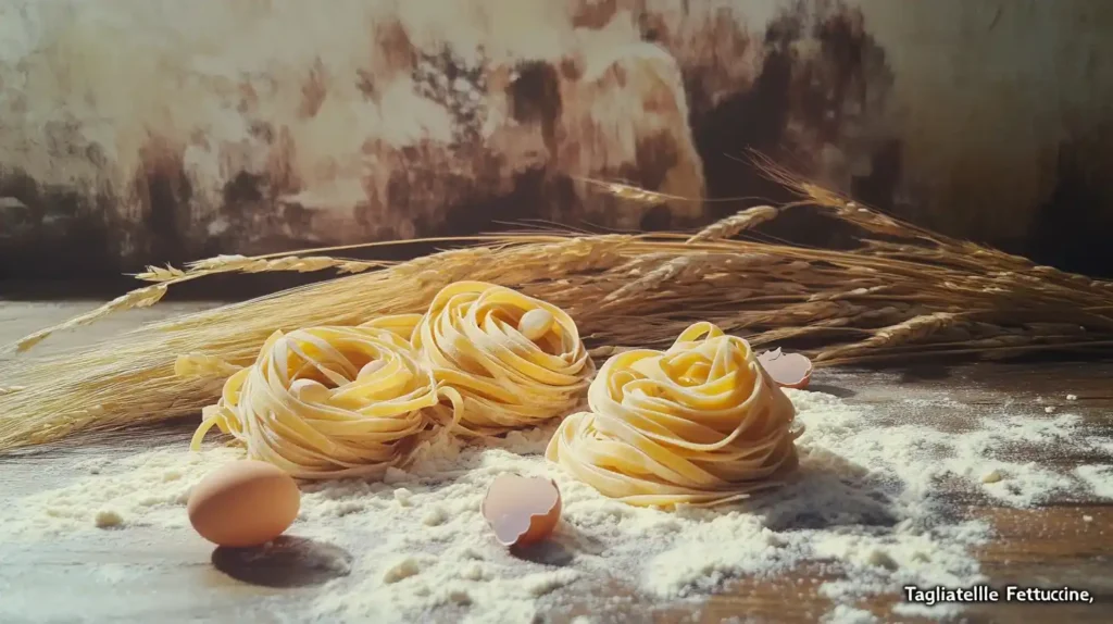 Fresh pasta nests of tagliatelle and fettuccine on a floured surface