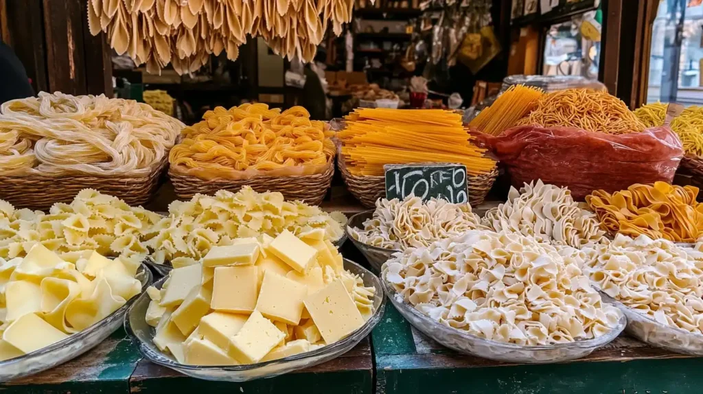 Traditional Italian market stall with fresh Parmesan, butter, and handmade pasta.