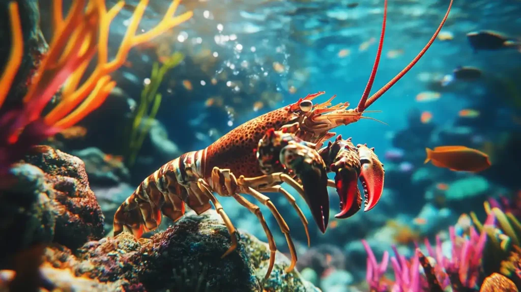 Lobster holding prey underwater with its claws, surrounded by marine life.