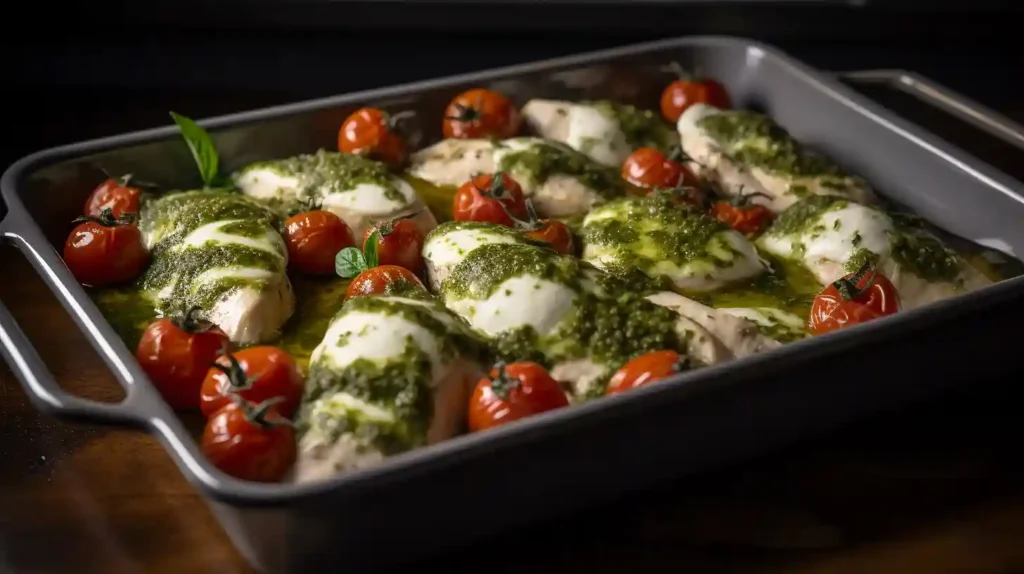 "Grilled chicken layered with pesto, mozzarella, and tomatoes on an oven tray."