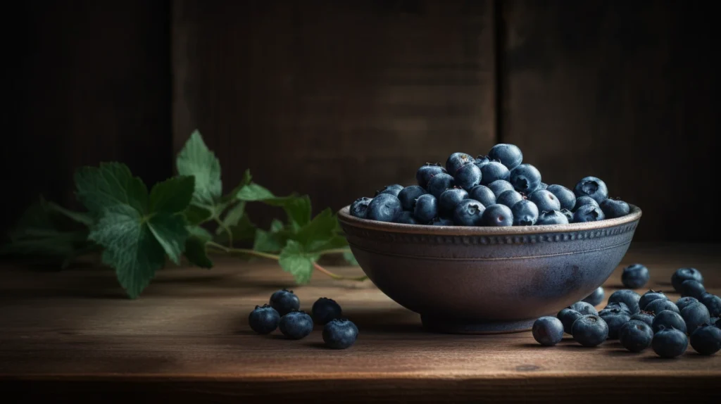 How Much Protein Is in Blueberry Pancakes? A dark ceramic bowl overflowing with fresh blueberries, set against a rustic wooden background with green leaves.