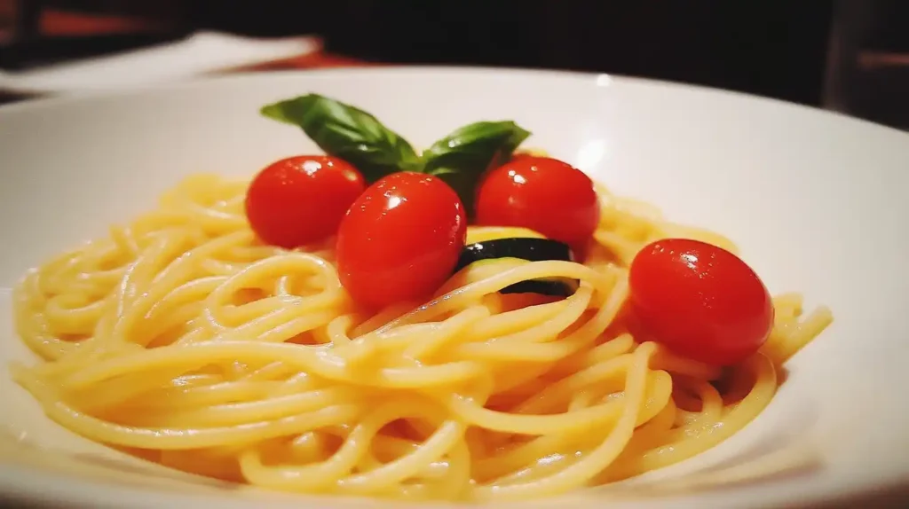 Spaghettini with fresh cherry tomatoes and zucchini.