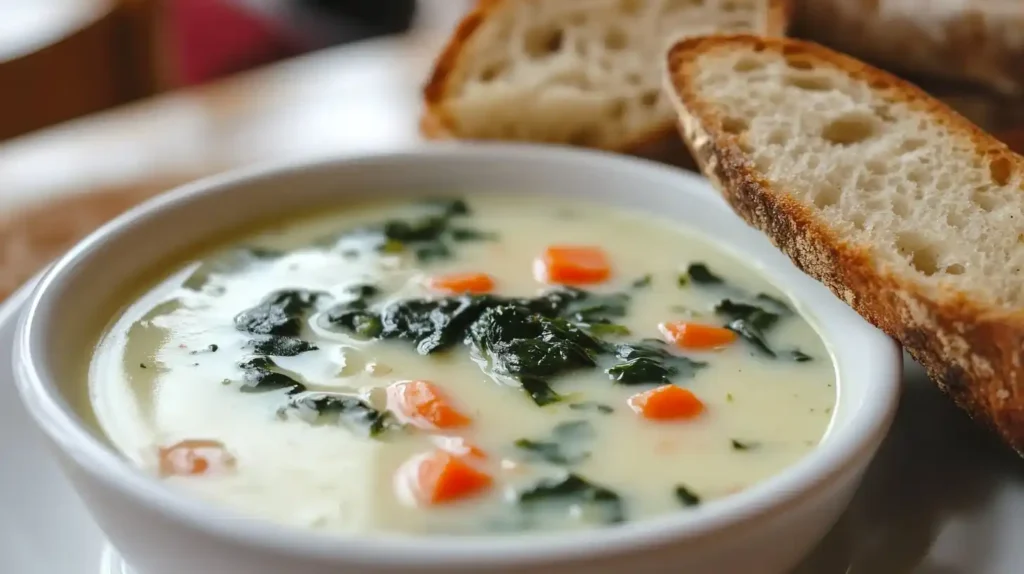 A bowl of light cream soup with fresh spinach and carrots, paired with whole-grain bread.
Title: Healthy Cream Soup Alternative