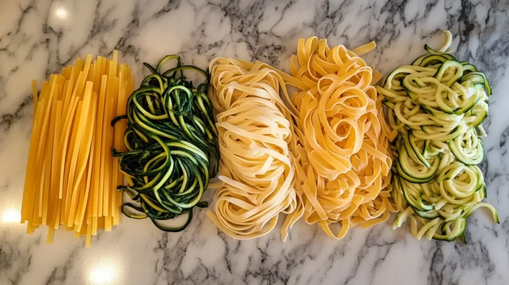 Different types of pasta: fettuccine, penne, and zucchini noodles.