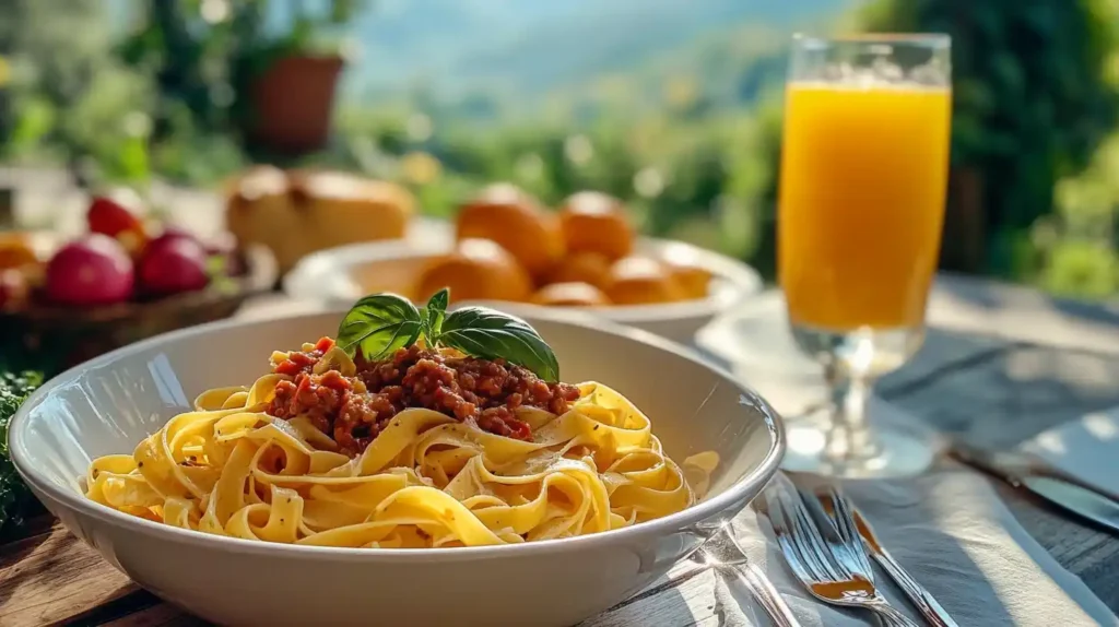 Italian countryside with freshly cooked pasta dishes on an outdoor table