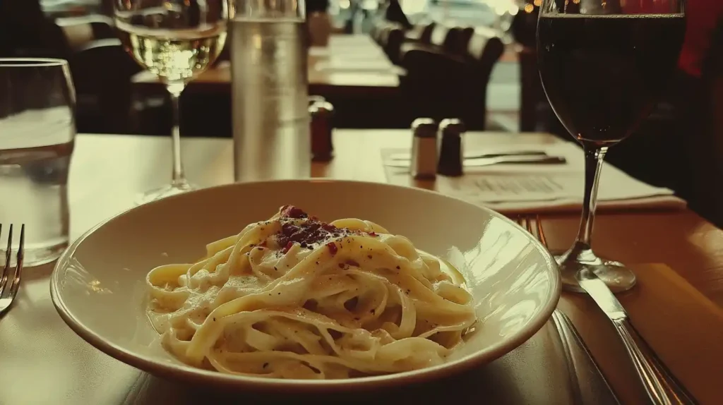Modern American restaurant table with a creamy Fettuccine Alfredo dish.
