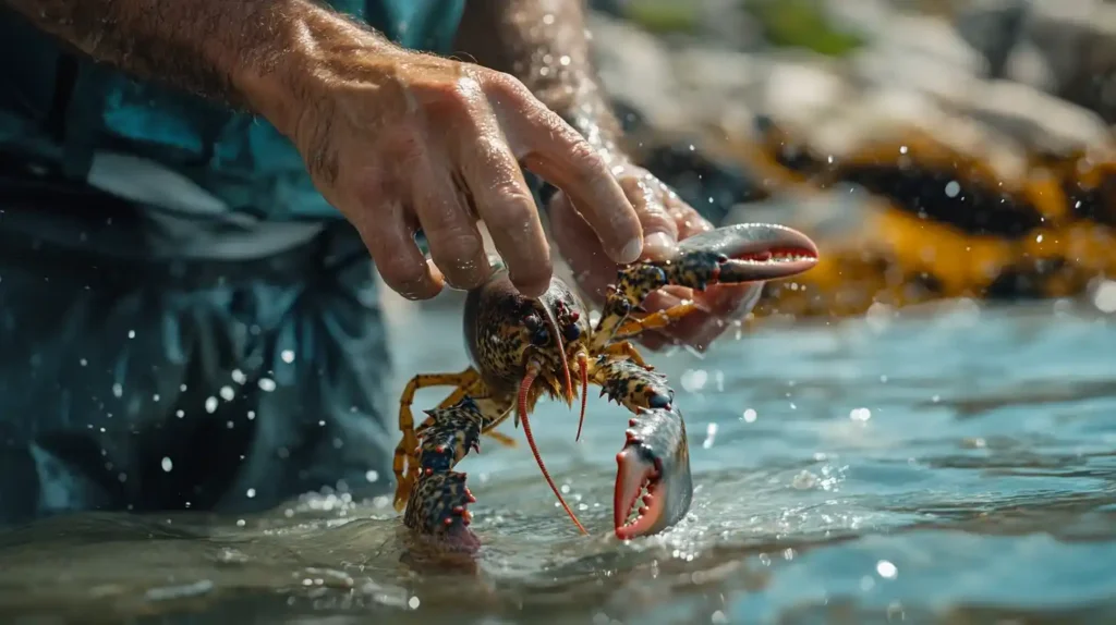 A fisherman carefully releasing a lobster into the ocean, promoting sustainable