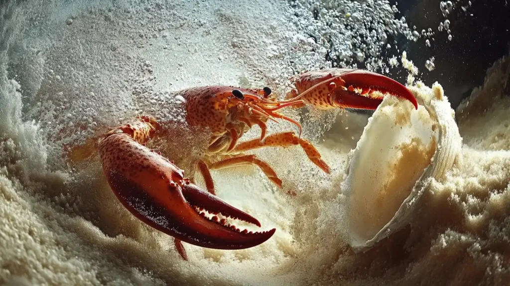 Lobster gripping a crab underwater surrounded by coral and marine life.