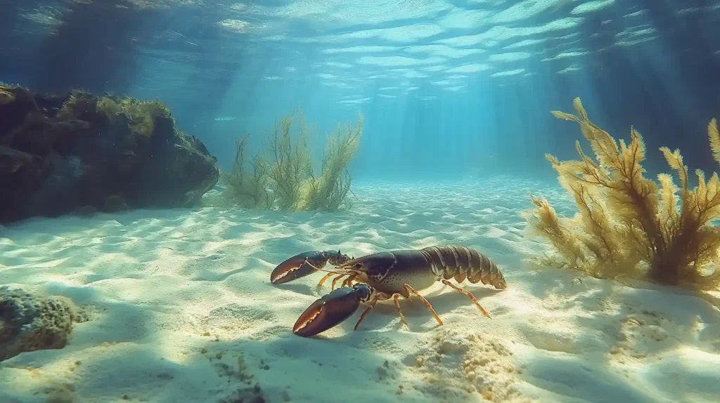 Lobsters resting on the ocean floor in their natural habitat, calm and serene.
