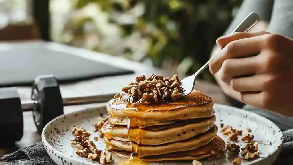 "A person eating protein pancakes after exercising to support muscle recovery."
