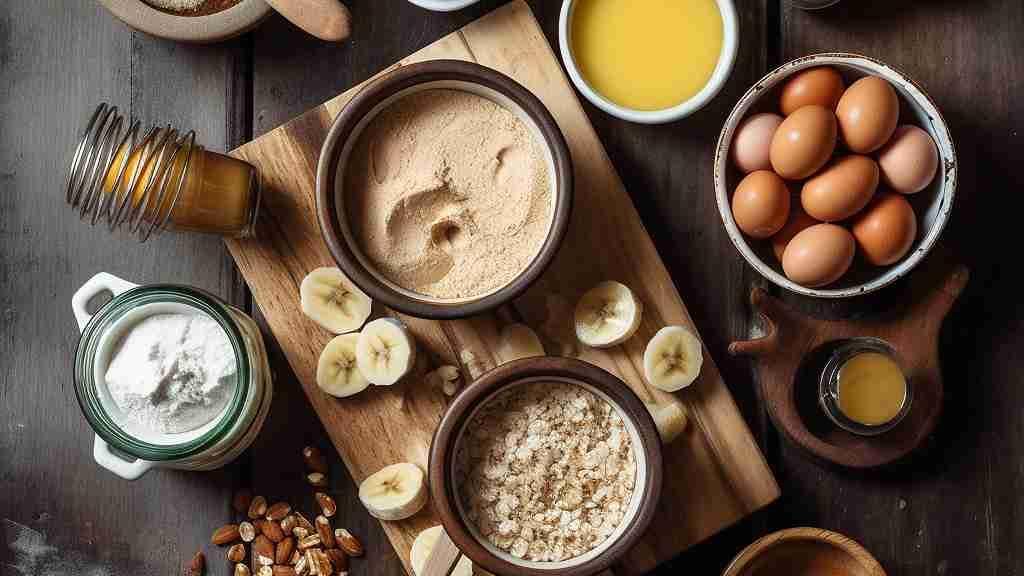 "Homemade protein pancake ingredients next to a store-bought protein pancake mix package."