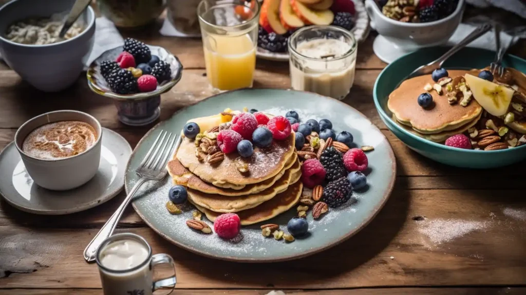 protein pancakes cooking on a griddle with a spatula."