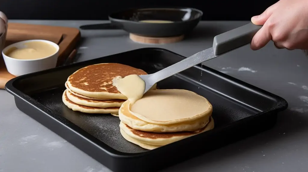 "Golden-brown protein pancakes cooking on a griddle with a spatula."