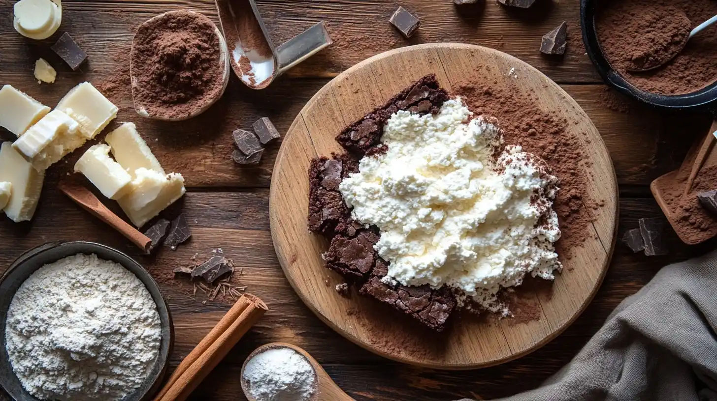 Cottage cheese brownies on a wooden board, topped with a dusting of cocoa powder, and surrounded by ingredients like cottage cheese and cocoa powder.