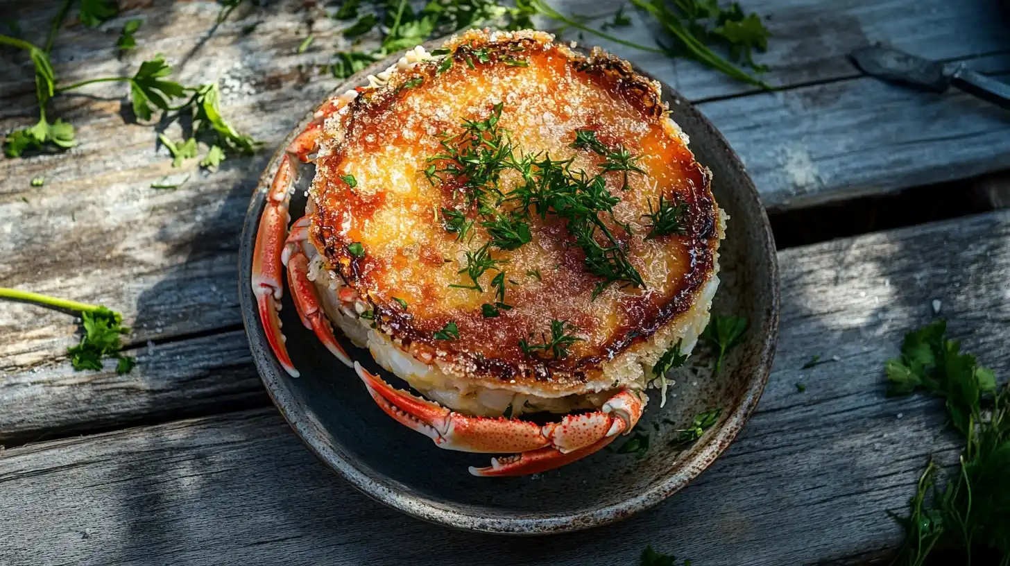 Crab Brulee with caramelized sugar crust on a wooden table.