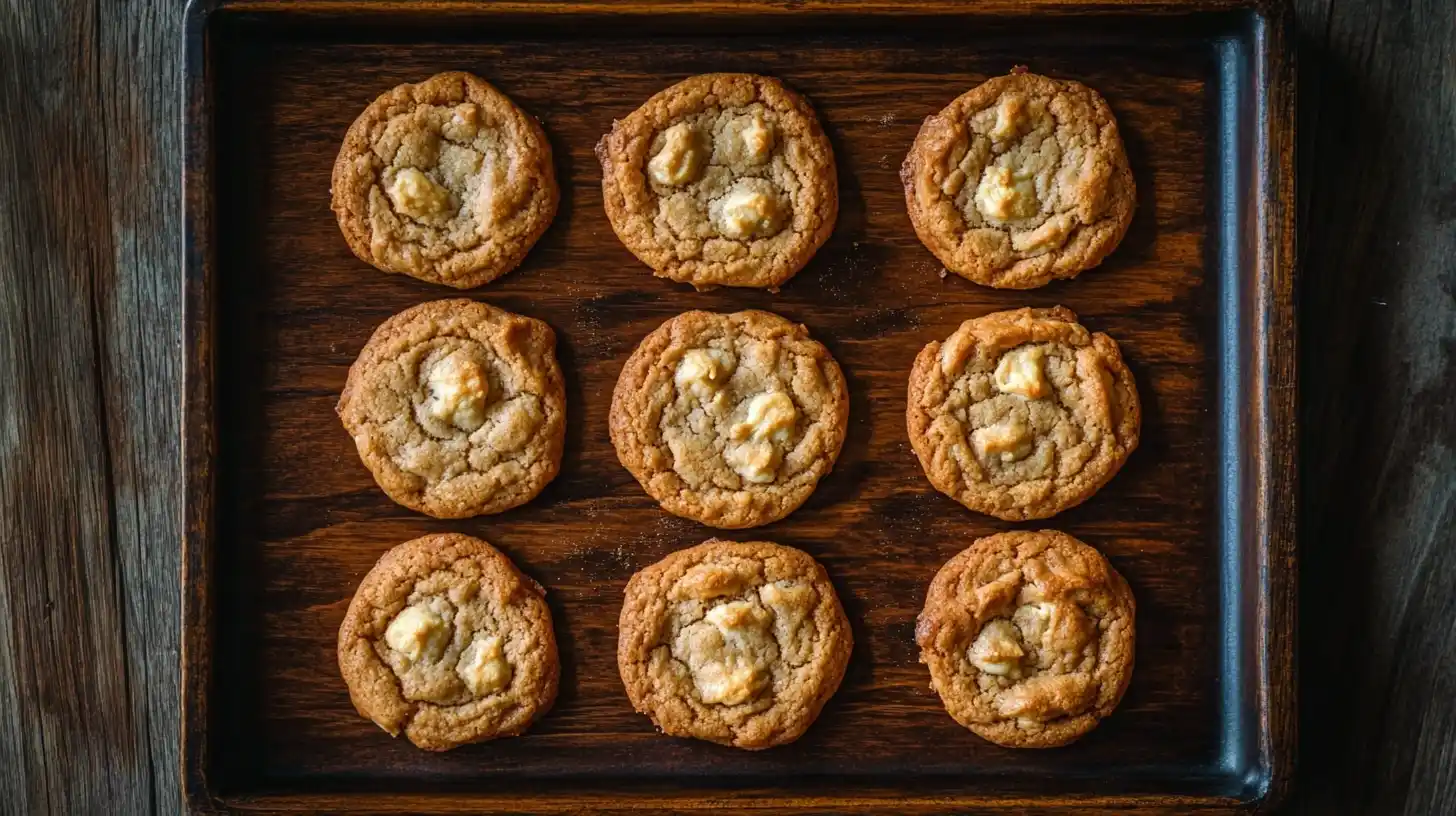 Freshly baked crookies on a wooden tray showing golden layers and gooey centers.