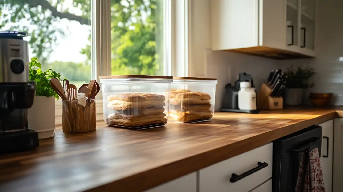 Fresh Cinnabuns stored in an airtight container on a wooden countertop.