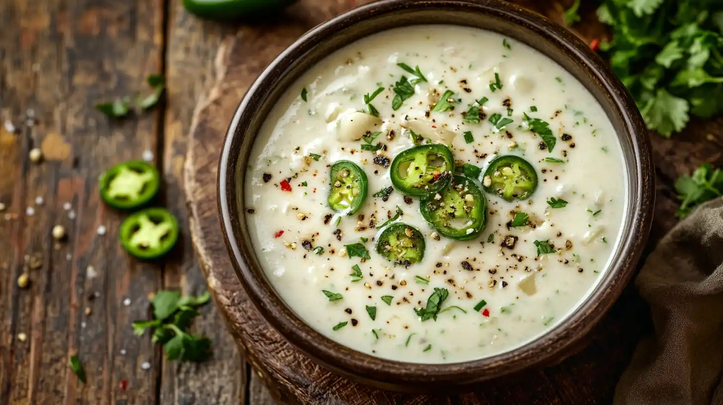 Bowl of creamy jalapeño soup garnished with herbs on a rustic table