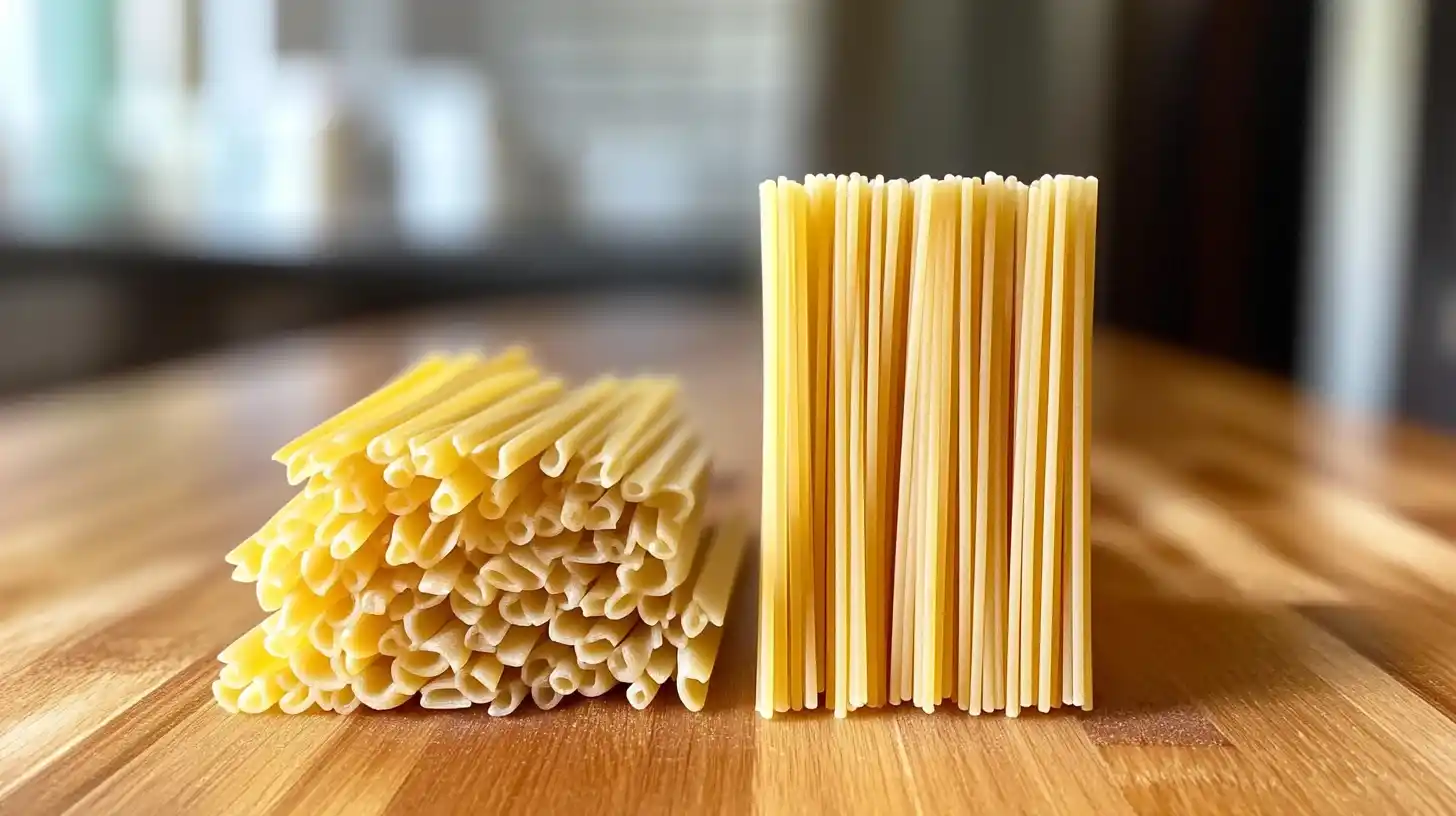 Close-up of linguini and fettuccini pasta showcasing their size differences on a wooden counter.