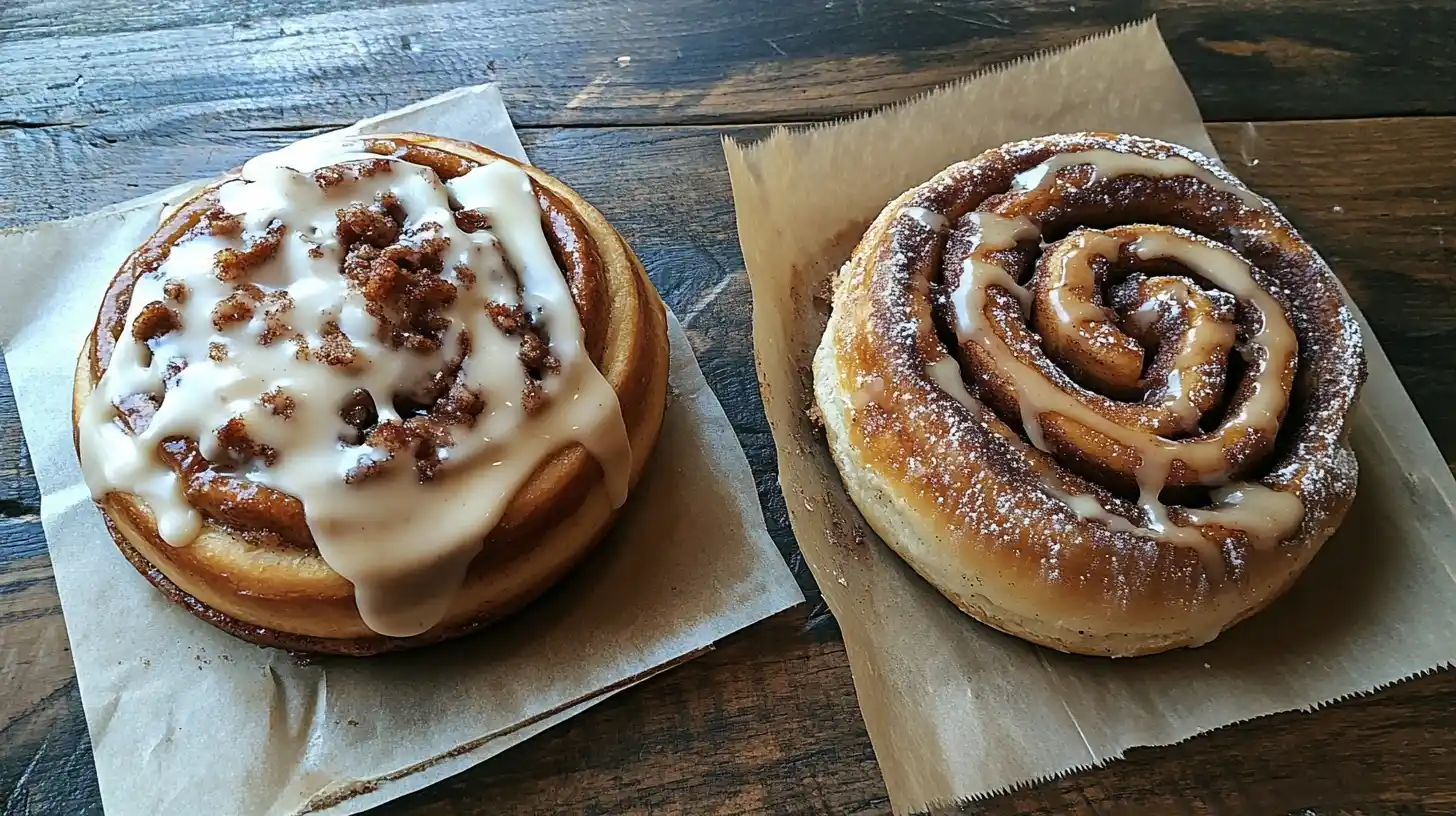 Cinnamon roll and cinnamon bun side by side on a wooden table.