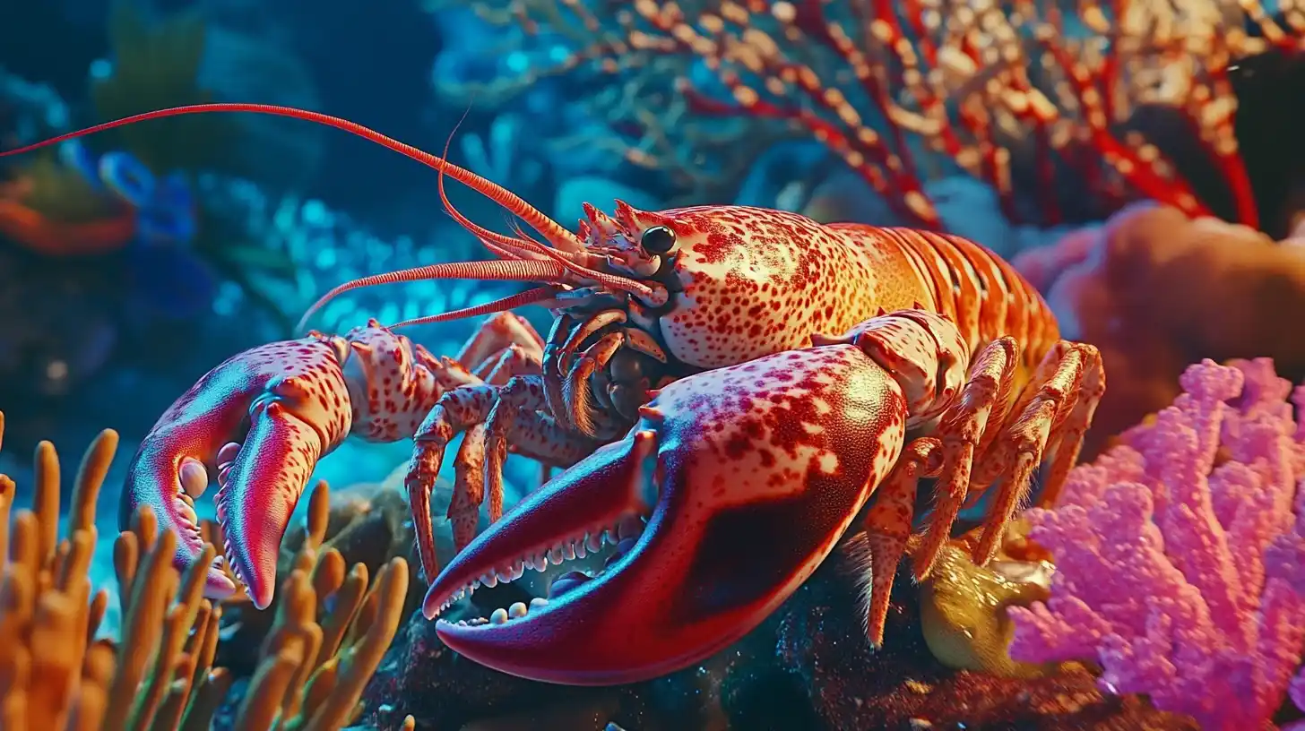 Close-up of a lobster’s claws displayed with vibrant ocean-themed decor.