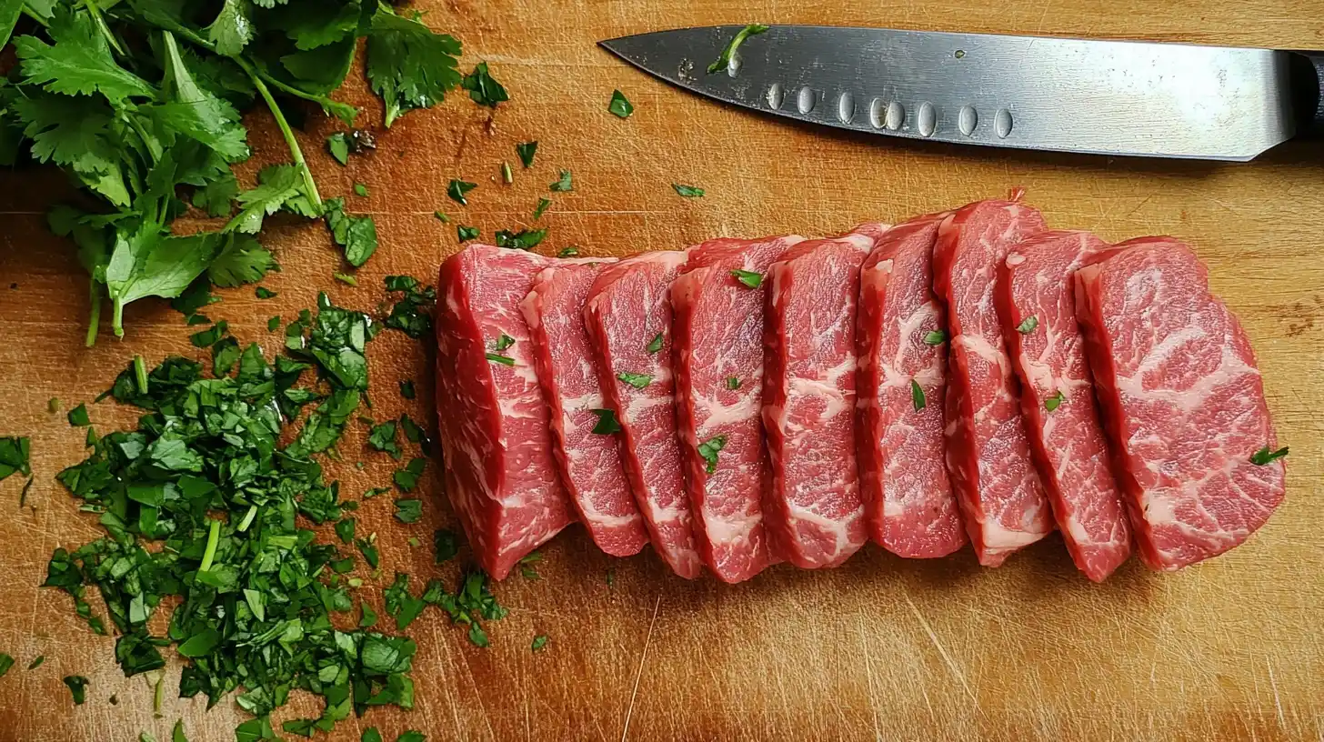 Sliced beef on a cutting board with fresh herbs, knife on the side.