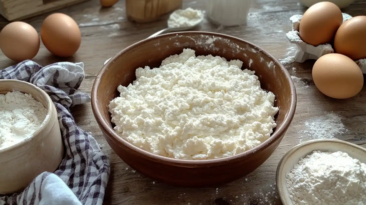 Cottage cheese in a mixing bowl with baking ingredients.