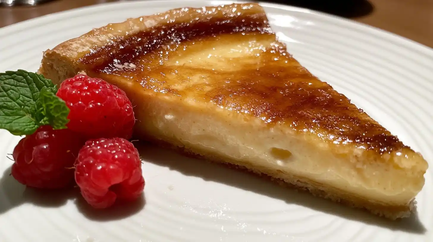 Freshly caramelized crème brûlée with mint and berries.