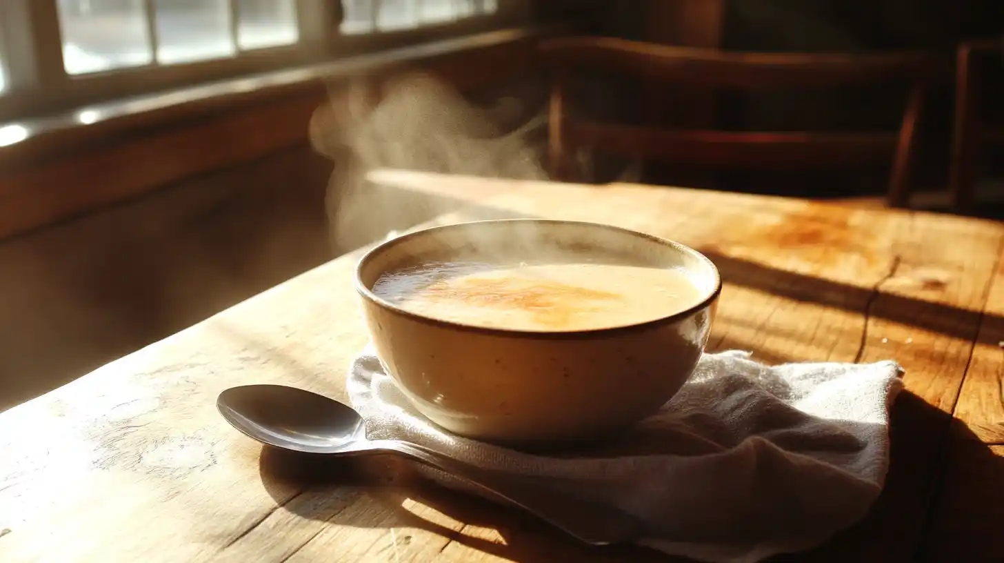 A steaming bowl of cream soup on a wooden table with a spoon and napkin.