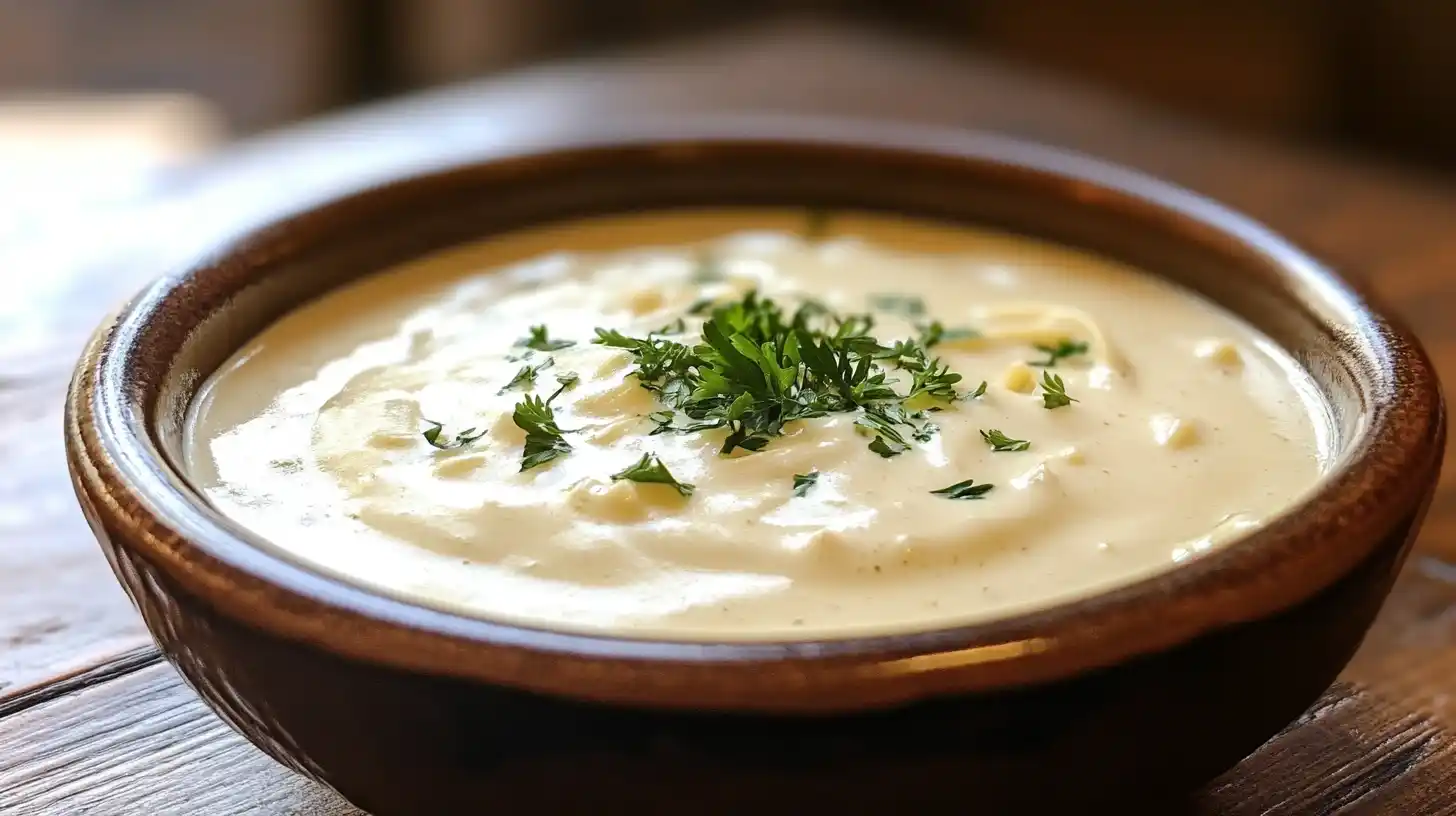 Creamy fettuccine Alfredo sauce with parsley in a bowl.