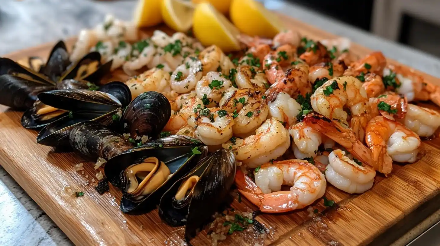 A fresh seafood mix featuring shrimp, mussels, squid, and fish fillets on a cutting board