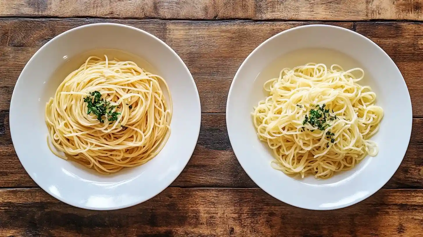 Difference between spaghetti and spaghettini shown on a wooden table.