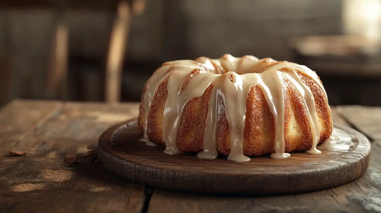 Soft cinnabun on a rustic wooden plate with cinnamon glaze dripping.