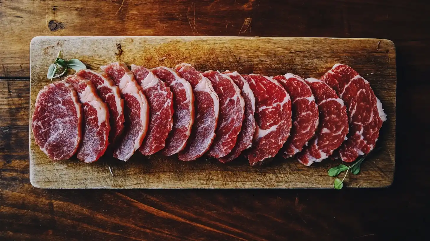 Thinly sliced beef arranged on a cutting board, showcasing its freshness and marbling.