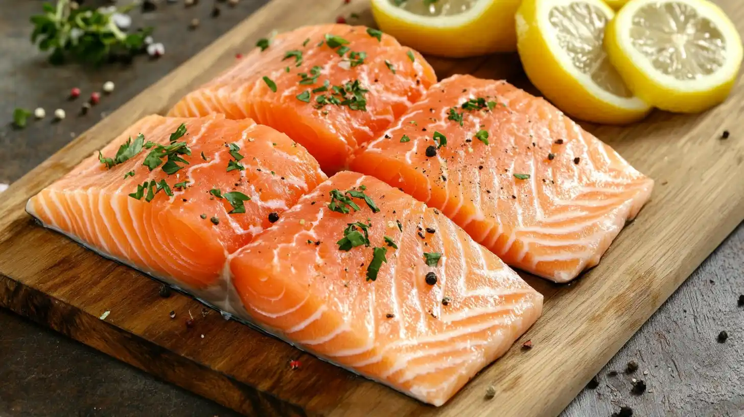 Fresh salmon belly on a wooden cutting board with herbs and lemon slices.