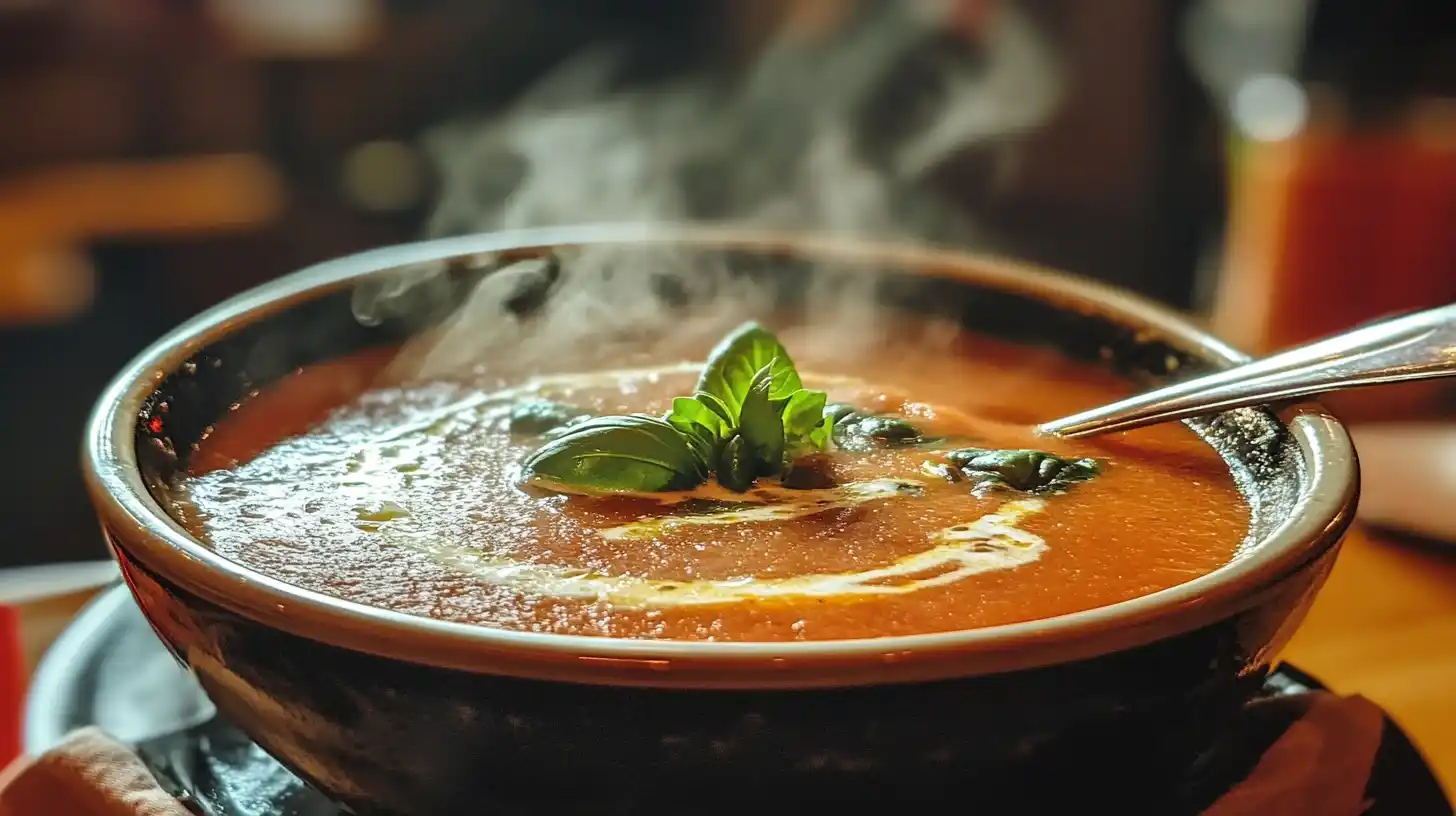 Steaming creamy tomato soup with heavy cream swirl and basil.