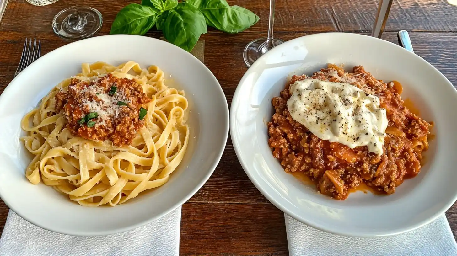 Plate of tagliatelle with ragù alla bolognese and fettuccine Alfredo side by side, showcasing their textures and sauces."